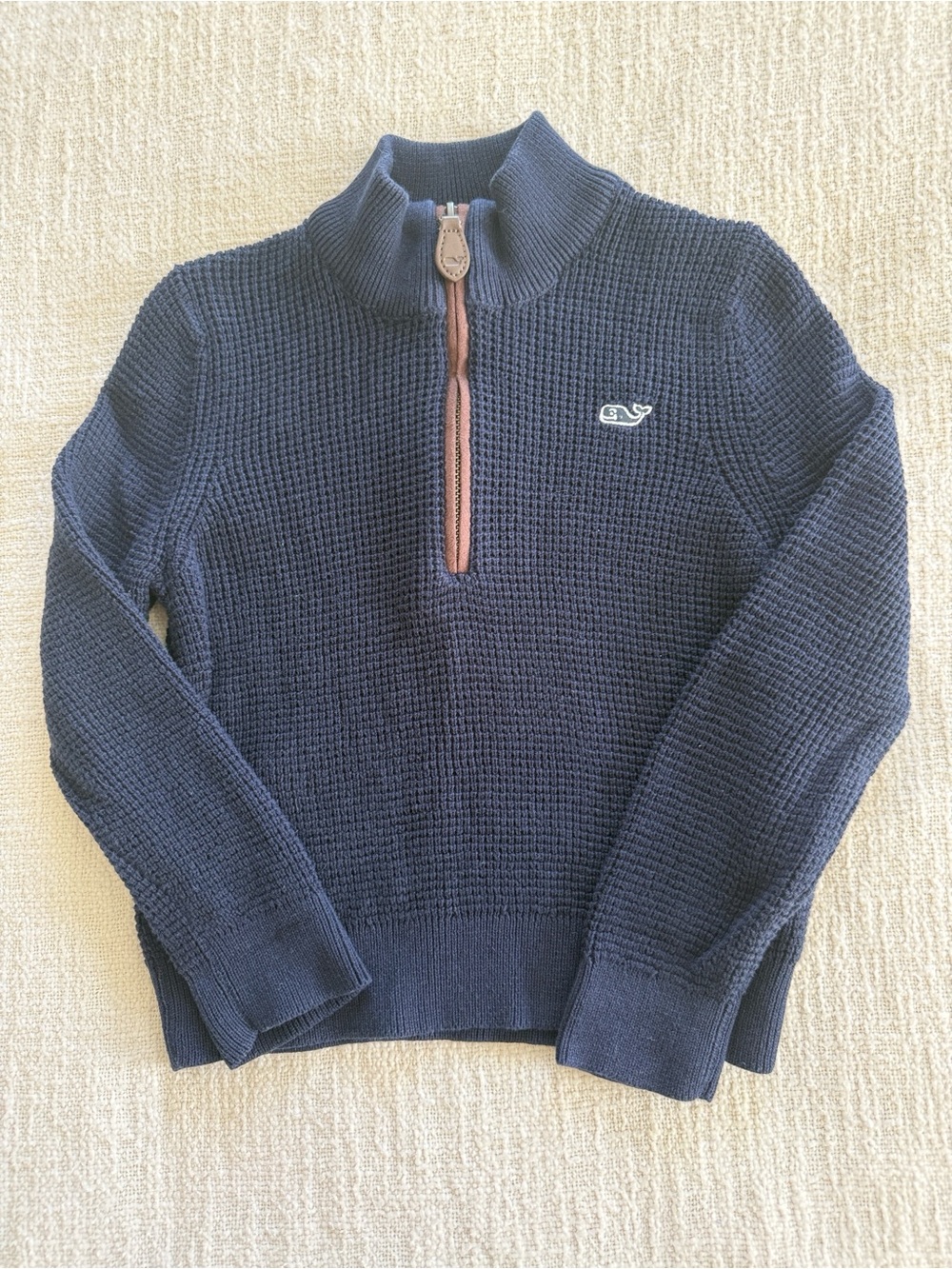 Vineyard Vines 3T Navy Half-Zip Waffle Knit Pullover with Brown Trim